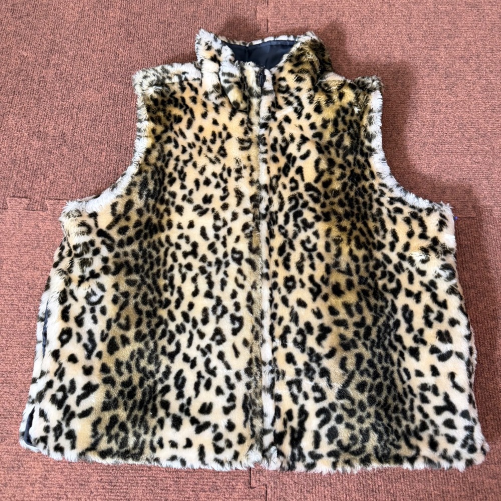 Womens Leopard Print Faux Fur Zip Up Vest Tan Black Animal Spotted Large